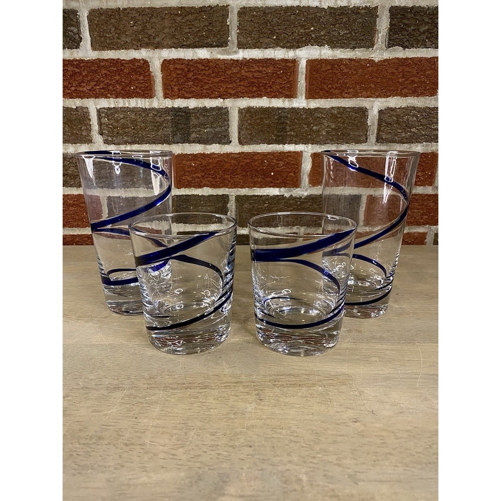 Pier 1 Cobalt Blue Swirl Highball & Lowball Tumbler Glasses Hand Blown Set of 4
